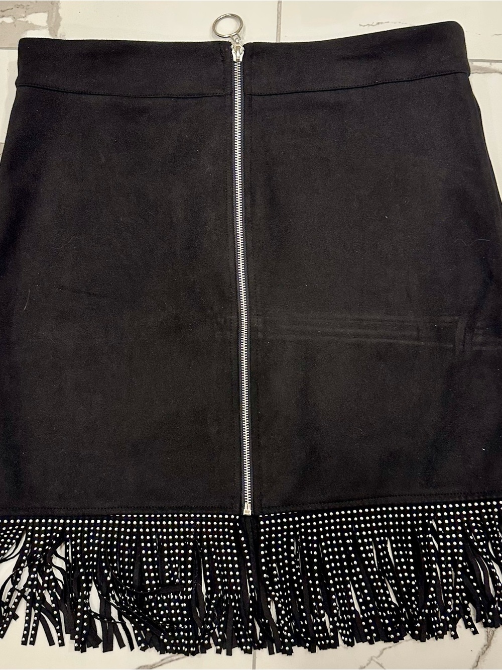 Black Fringe Zip-Front Suede-Effect Mini Skirt